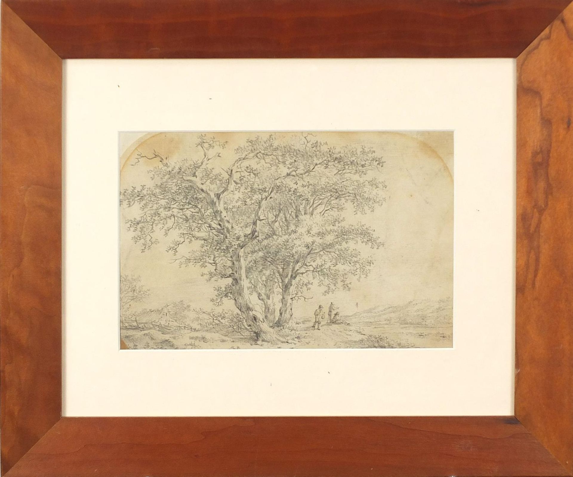 After John Constable - Figures beneath a tree, 18th century pencil drawing, mounted, framed and - Image 2 of 3