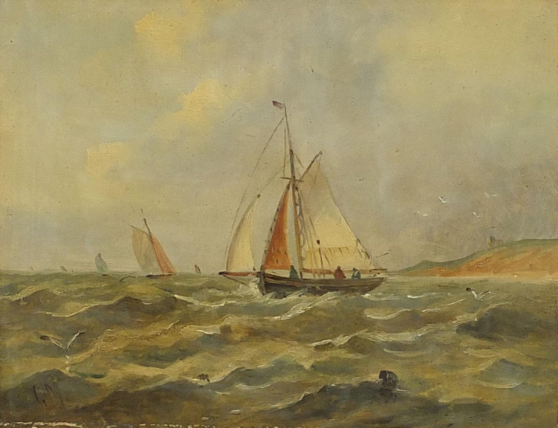 Boats on water, 19th century maritime oil, indistinctly monogrammed, possibly G M, mounted, framed