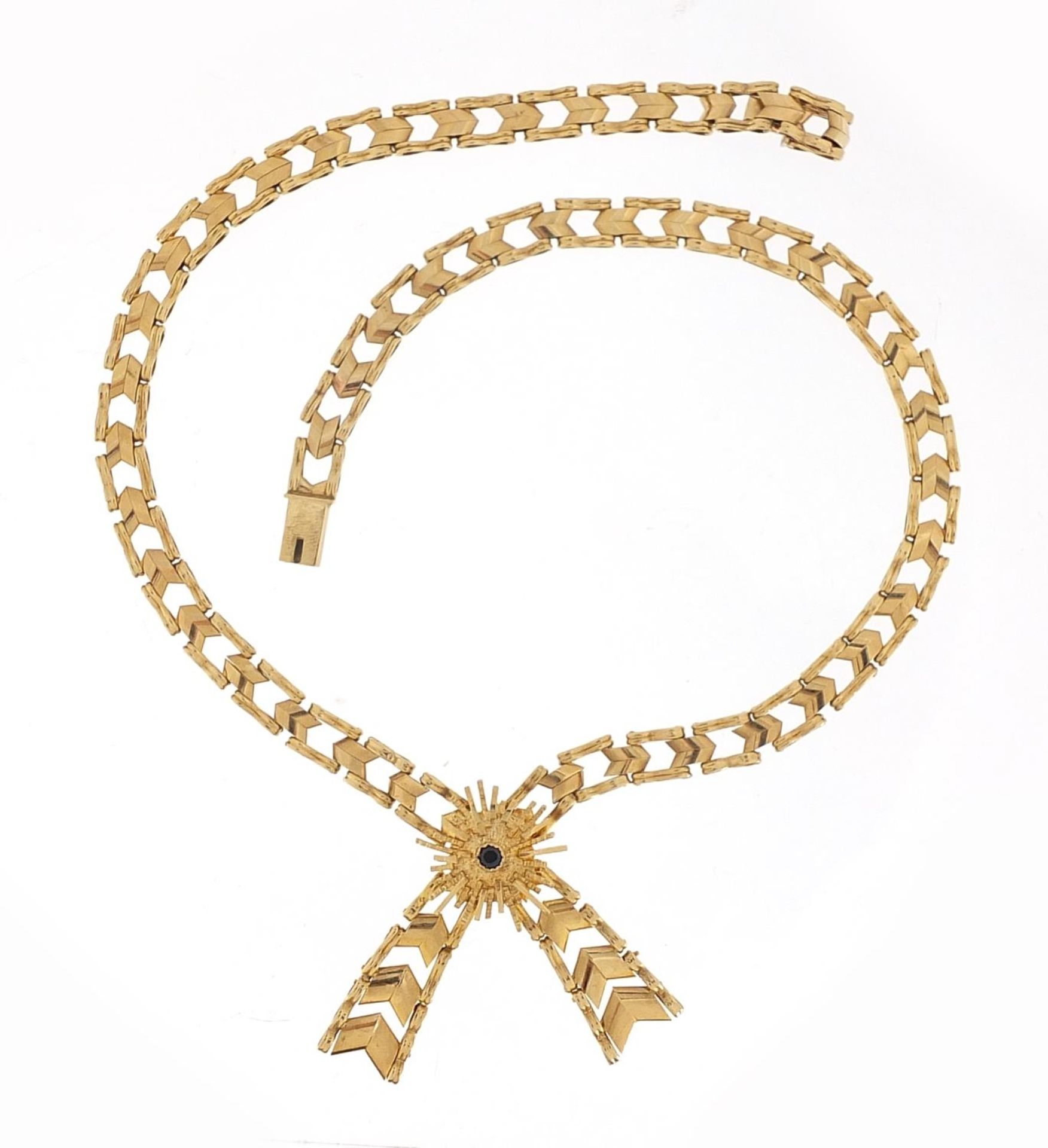 9ct gold bow design necklace set with a sapphire, 38cm in length, 22.4g : For Further Condition - Image 2 of 4