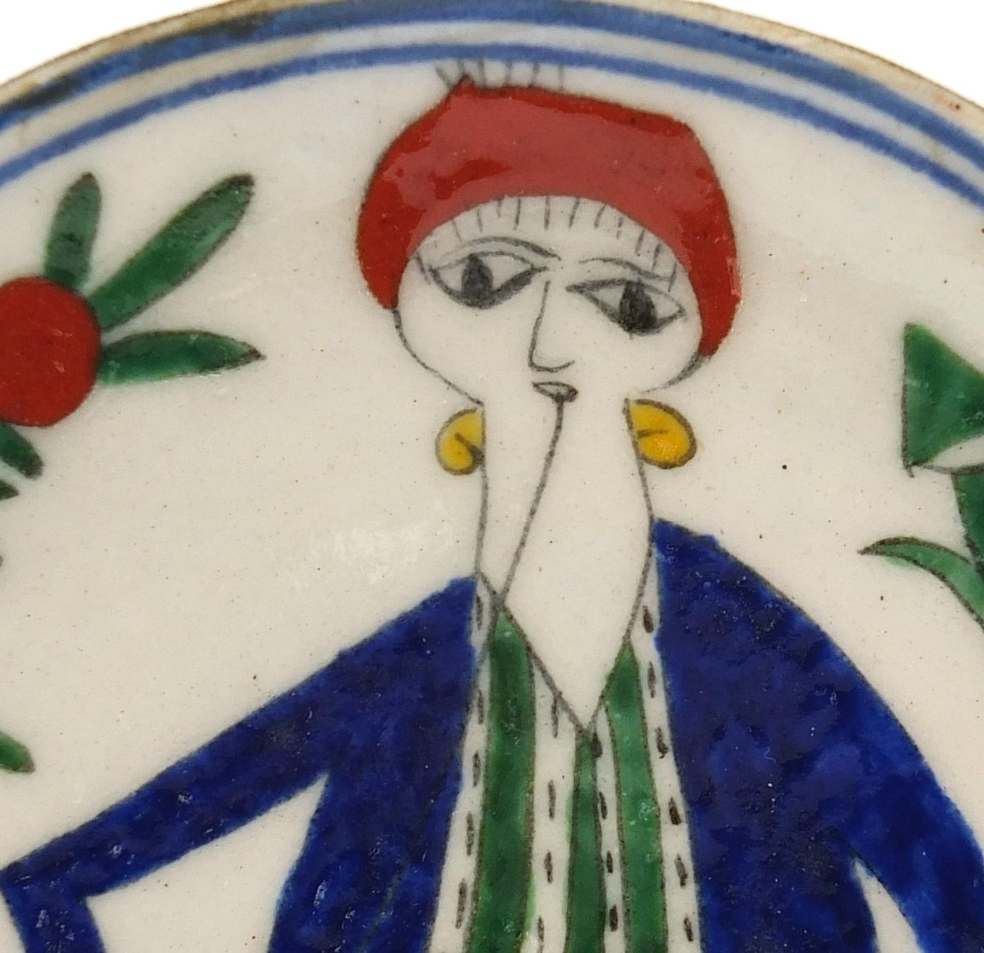 Turkish Kutahya pottery plate hand painted with a figure, 12.5cm in diameter : For Further Condition - Image 2 of 3