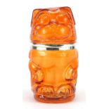 Novelty amber glass biscuit barrel with hinged lid in the form of a standing dog, 25cm high : For
