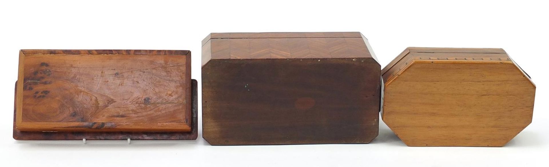 Woodenware including an inlaid rosewood tea caddy with twin divisional interior and a burr wood - Image 6 of 6