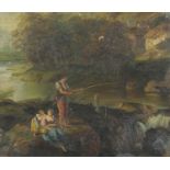 Figures fishing beside a river, English school oil on board, framed and glazed, 29.5cm x 24cm