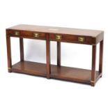 Kennedy furniture, Campaign style yew wood console table with brass mounts, two drawers and under