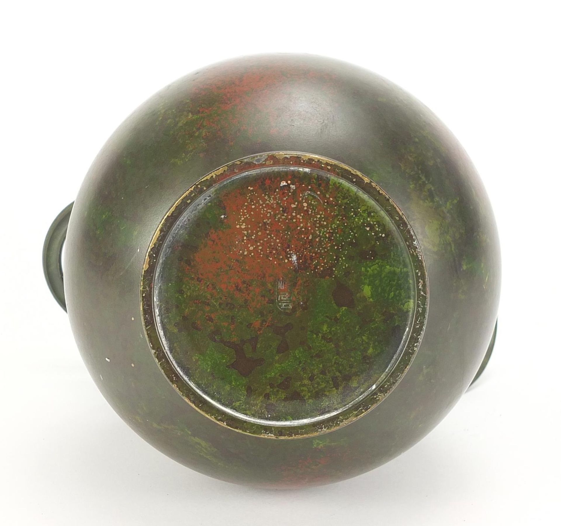 Japanese patinated bronze vase with animalia ring turned handles, impressed marks to the base, 24. - Image 6 of 8