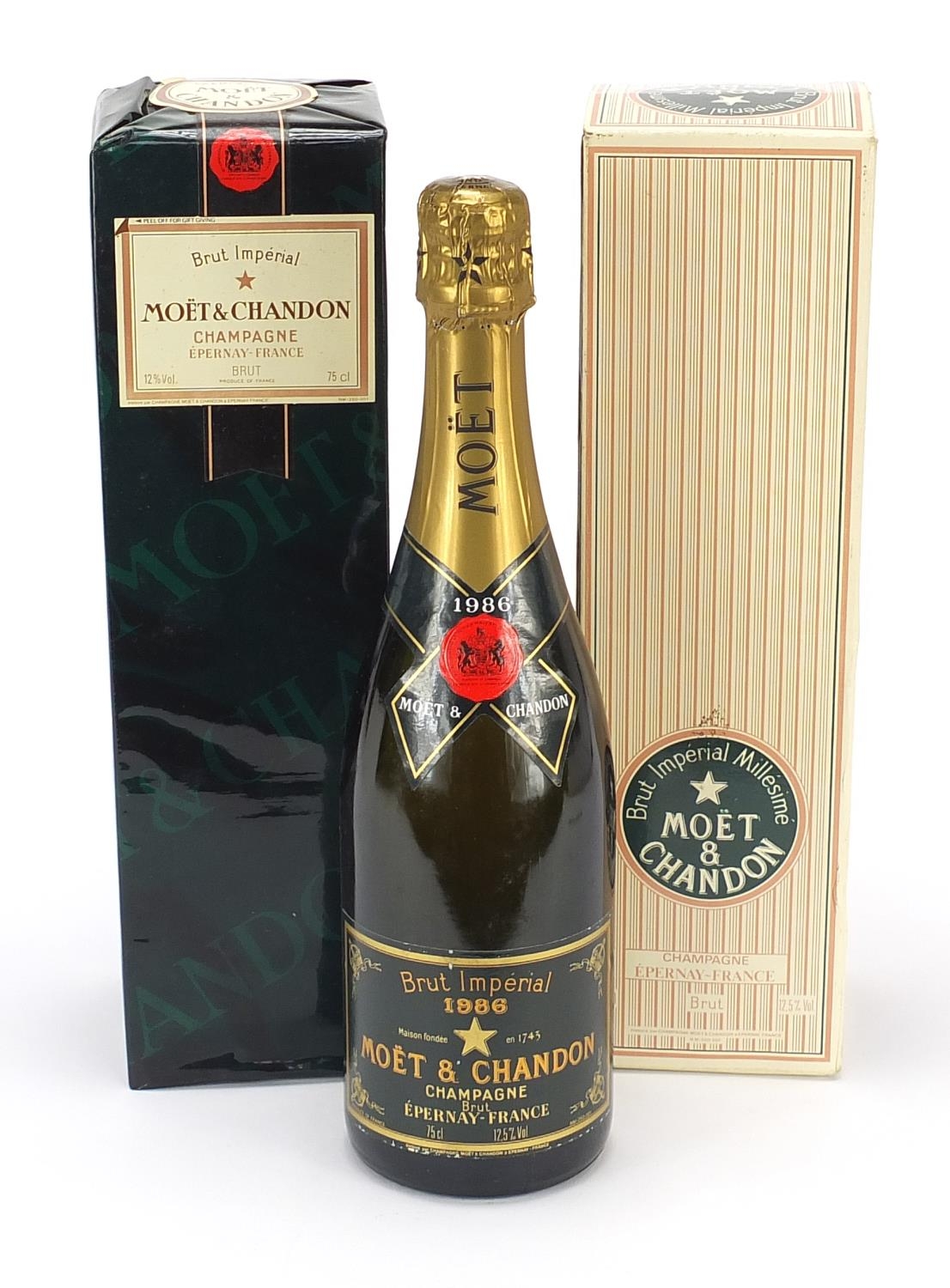 Two bottles of Moet & Chandon Champagne with boxes, one sealed including Brut Imperial 1986 : For