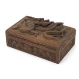 Chinese hardwood box with fitted interior profusely carved in relief with dragons, 11cm H x 28cm W x