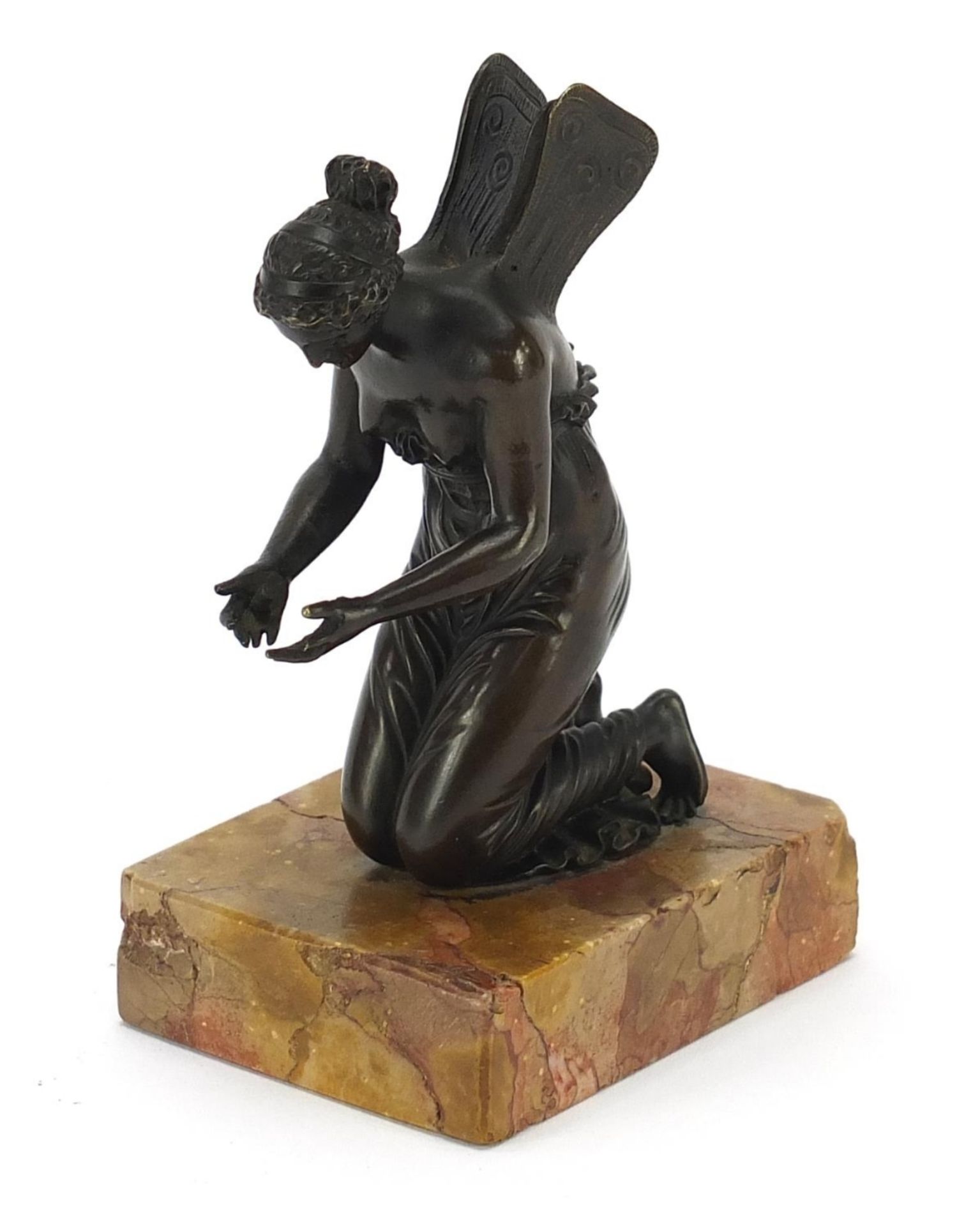 Patinated bronze study of an angel raised on a rectangular marble base, 13cm high : For Further