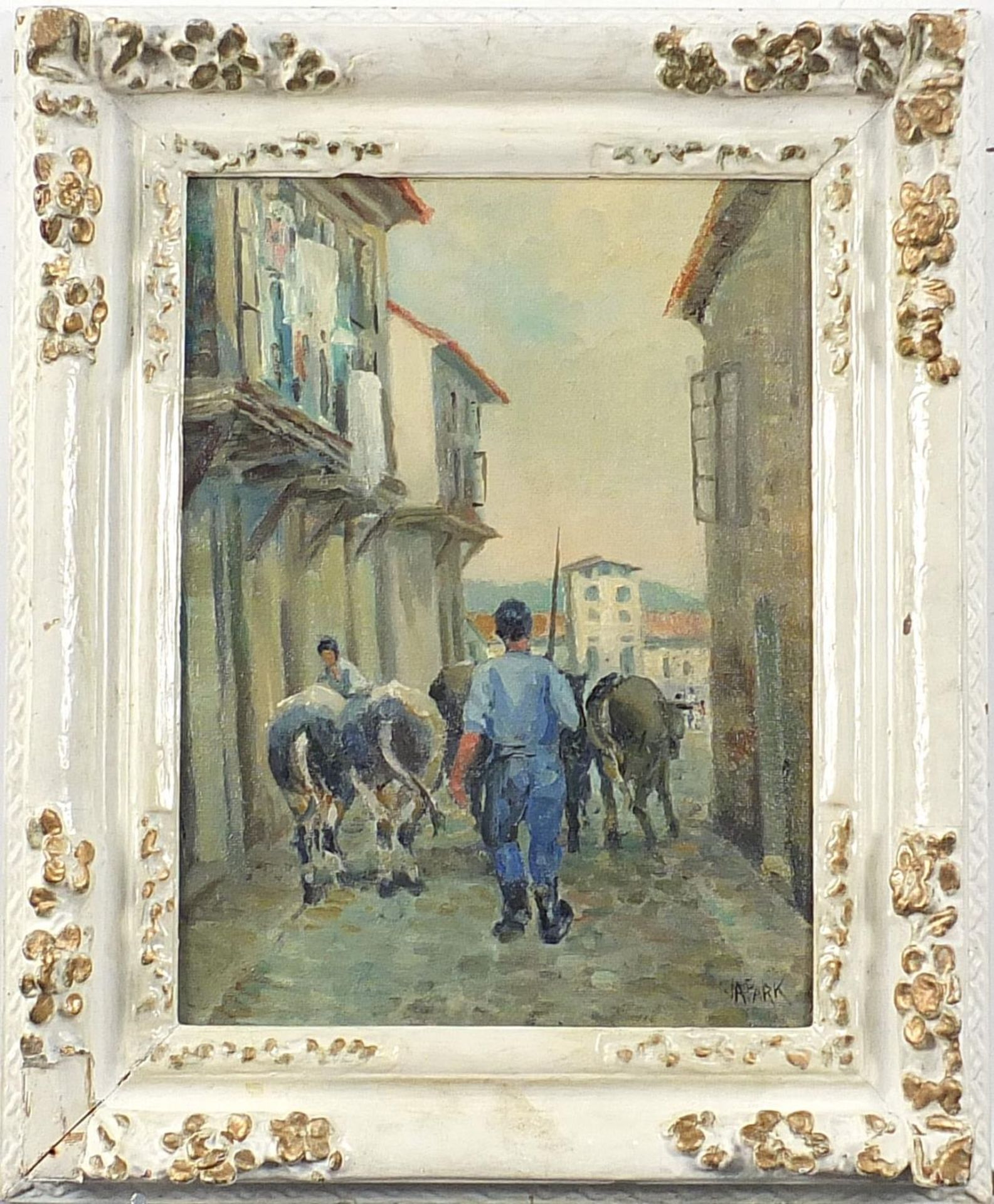 Street scene with figures and cows, St Ives school oil on board, mounted and framed, 34cm x 25cm - Image 2 of 5