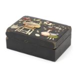 Chinese black lacquered box and cover with stone inlay depicting lucky objects, 6cm H x 15cm W x