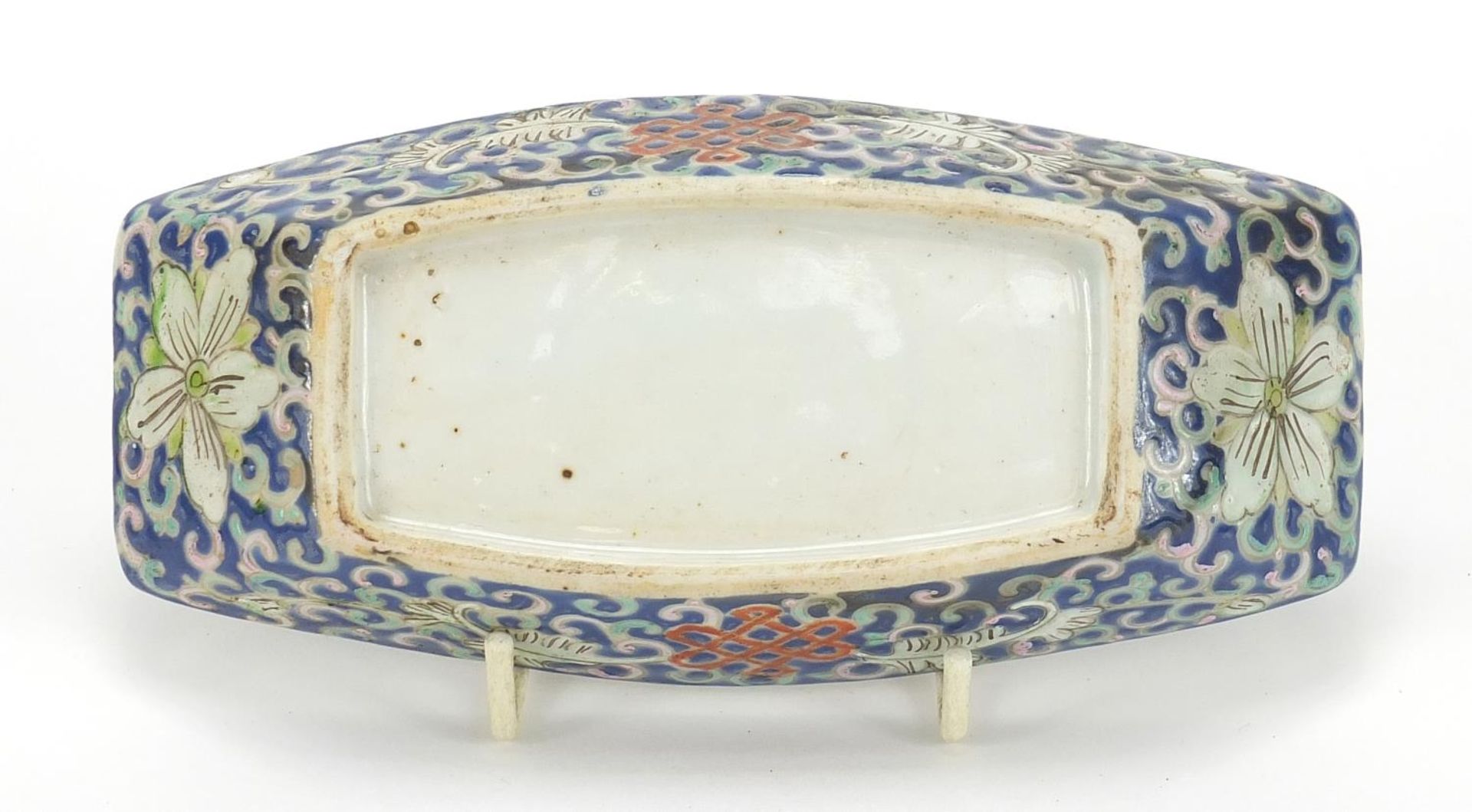 Chinese porcelain blue ground saucer hand painted with flowers, 15.5cm in length : For Further - Image 7 of 8