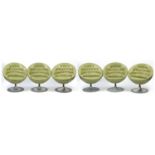 Set of six green faux leather button back swivel egg chairsin the style of Eero Aarnio, impressed