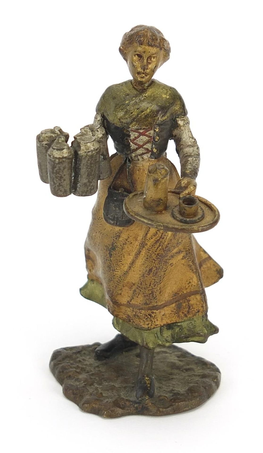 Cold painted bronze figure of a waitress in the style of Franz Xaver Bergmann, 7.5cm high : For