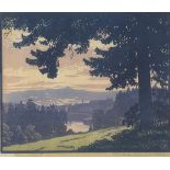 Continental landscape with trees before a town and hills, print in colour, indistinctly inscribed in