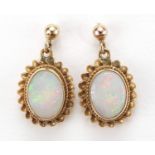 Pair of 9ct gold opal drop earrings, 2.1cm high, 1.7g : For Further Condition Reports Please Visit