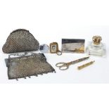 Vintage and later ladies vanity items including a pair of Toledo scissors, yellow metal pen, Bvlgari