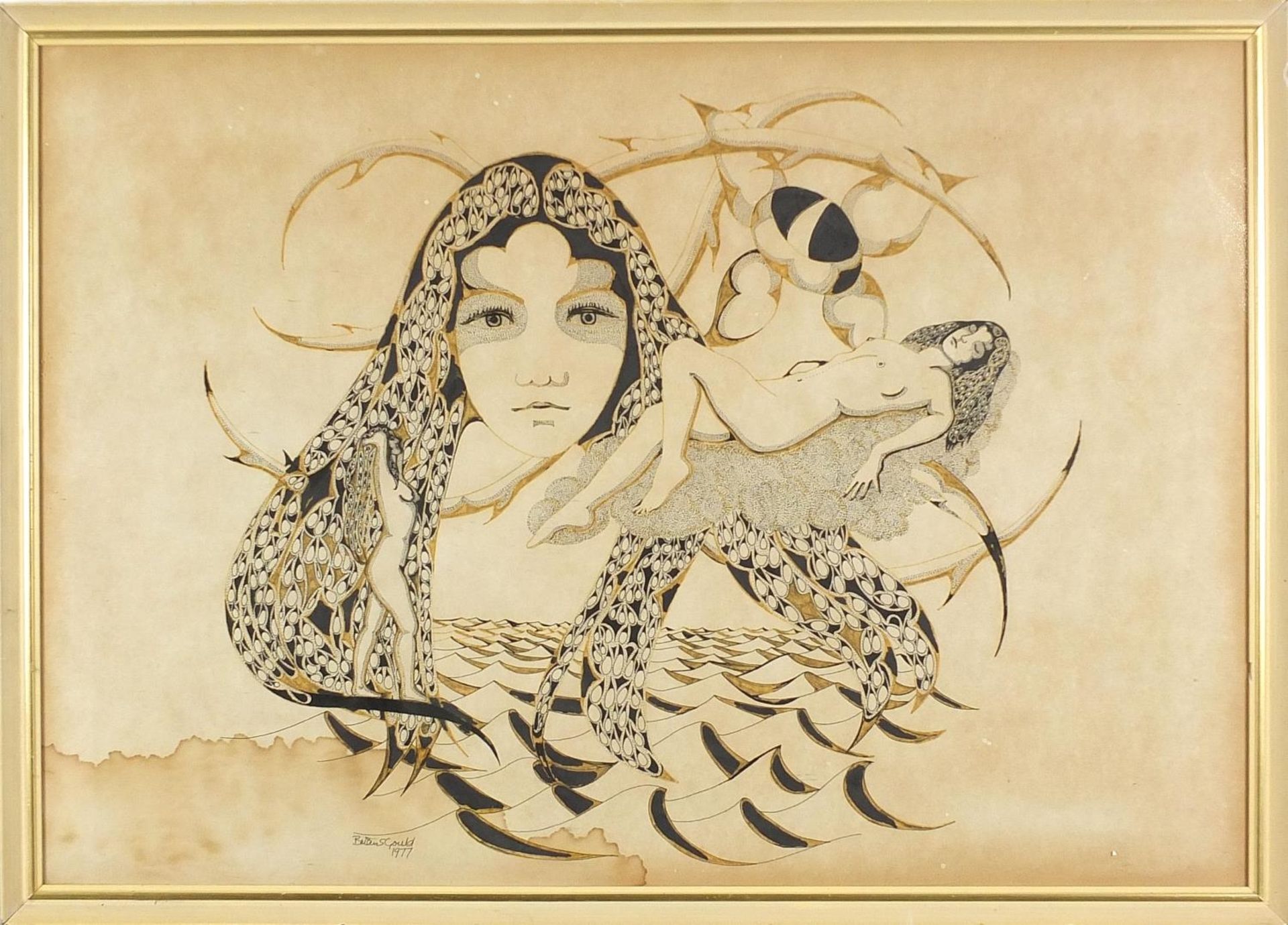 Brian S Gould 1977 - Female portrait, ink and watercolour, mounted, framed and glazed, 66cm x 45.5cm - Bild 2 aus 4