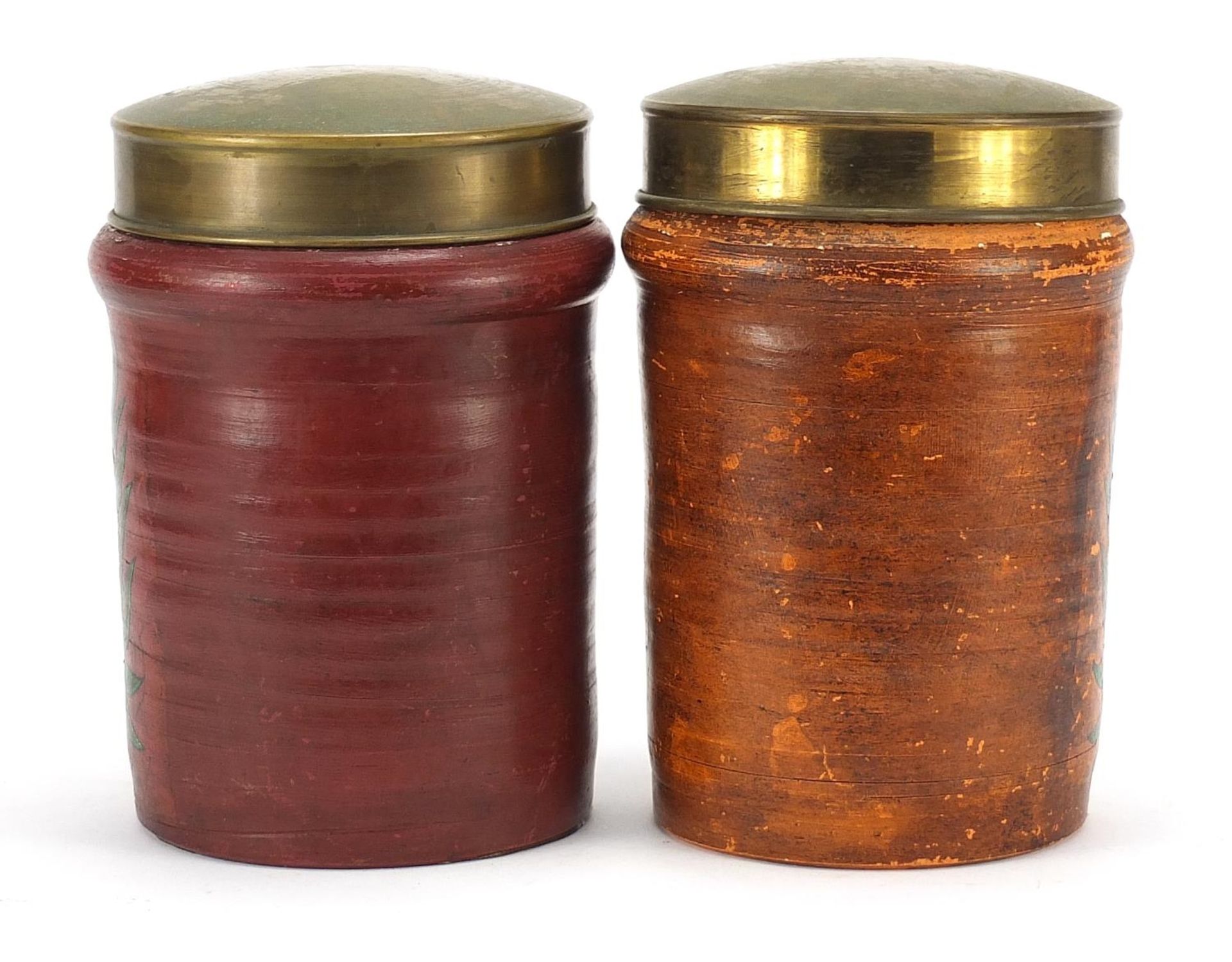 Pair of Continental hand painted pottery tobacco jars with brass lids, each 23.5cm high : For - Bild 2 aus 4