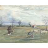 Farmer with sheep and horse before a landscape, oil on board, signed John Matthews, mounted and
