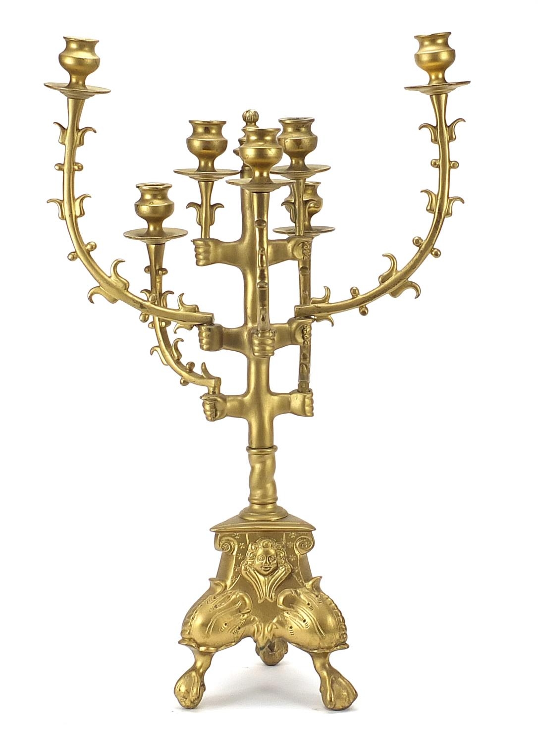 Scandinavian design gilt metal seven branch candelabra with claw and ball feet, 60.5cm high : For - Image 2 of 4