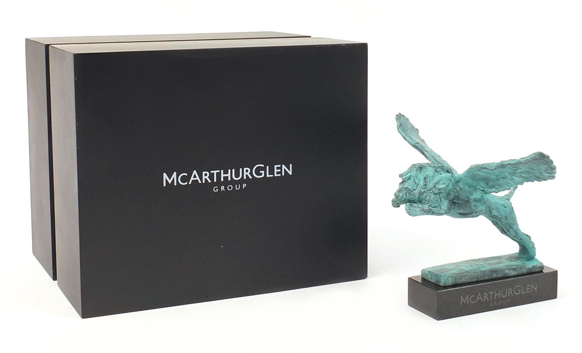 Mark Coreth for McArthur Glen Group, Verdigris bronze study of a winged lion raised on a rectangular