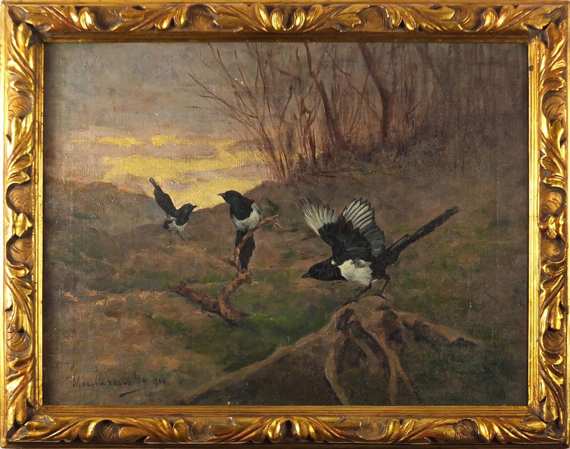 Adelina Katona Madarasz 1910 - Magpies in a landscape, early 20th century signed oil on canvas, - Bild 2 aus 4