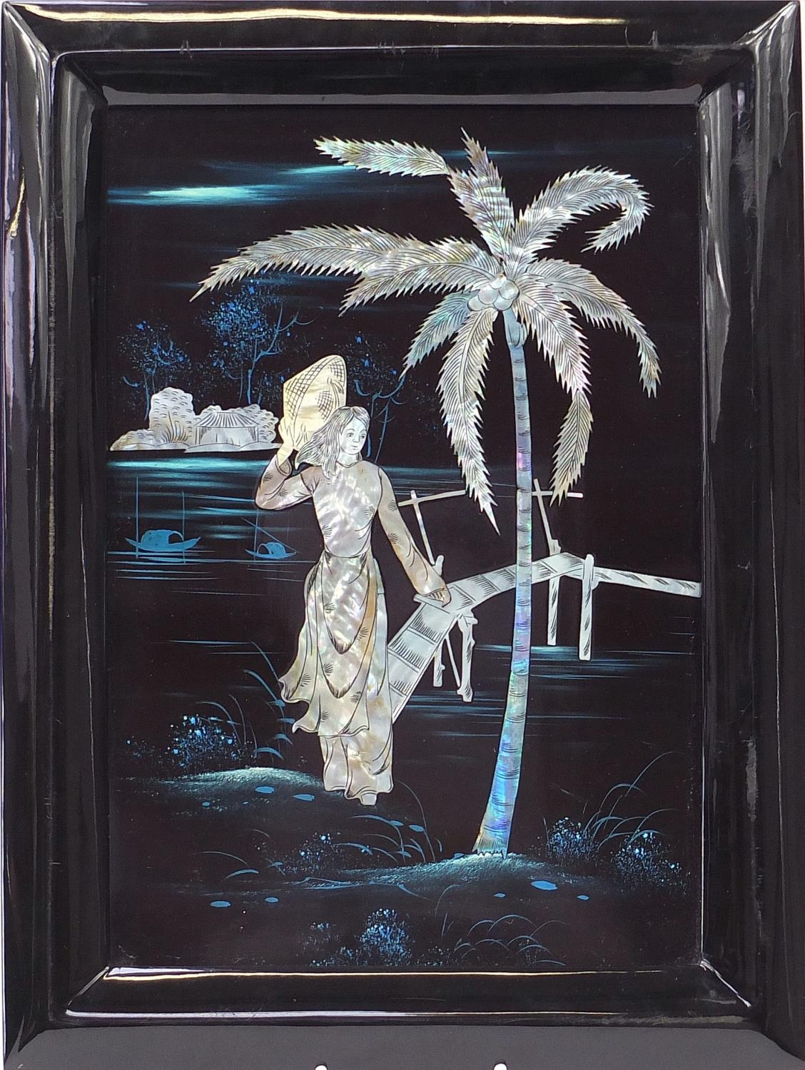 Chinese black lacquered panel with mother of pearl inlay depicting a figure crossing a bridge, - Image 2 of 4