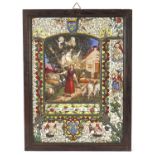 Arts & Crafts Pre-Raphaelite leaded stained glass panel hand painted with Joan of Arc, housed in a