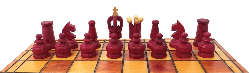 Carved wood half stained chess set with fitted folding chess board, the largest pieces each 6.5cm - Image 4 of 10