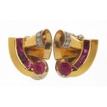 Pair of Art Deco unmarked gold ruby and diamond clip on earrings, (tests as 15ct+ gold) the