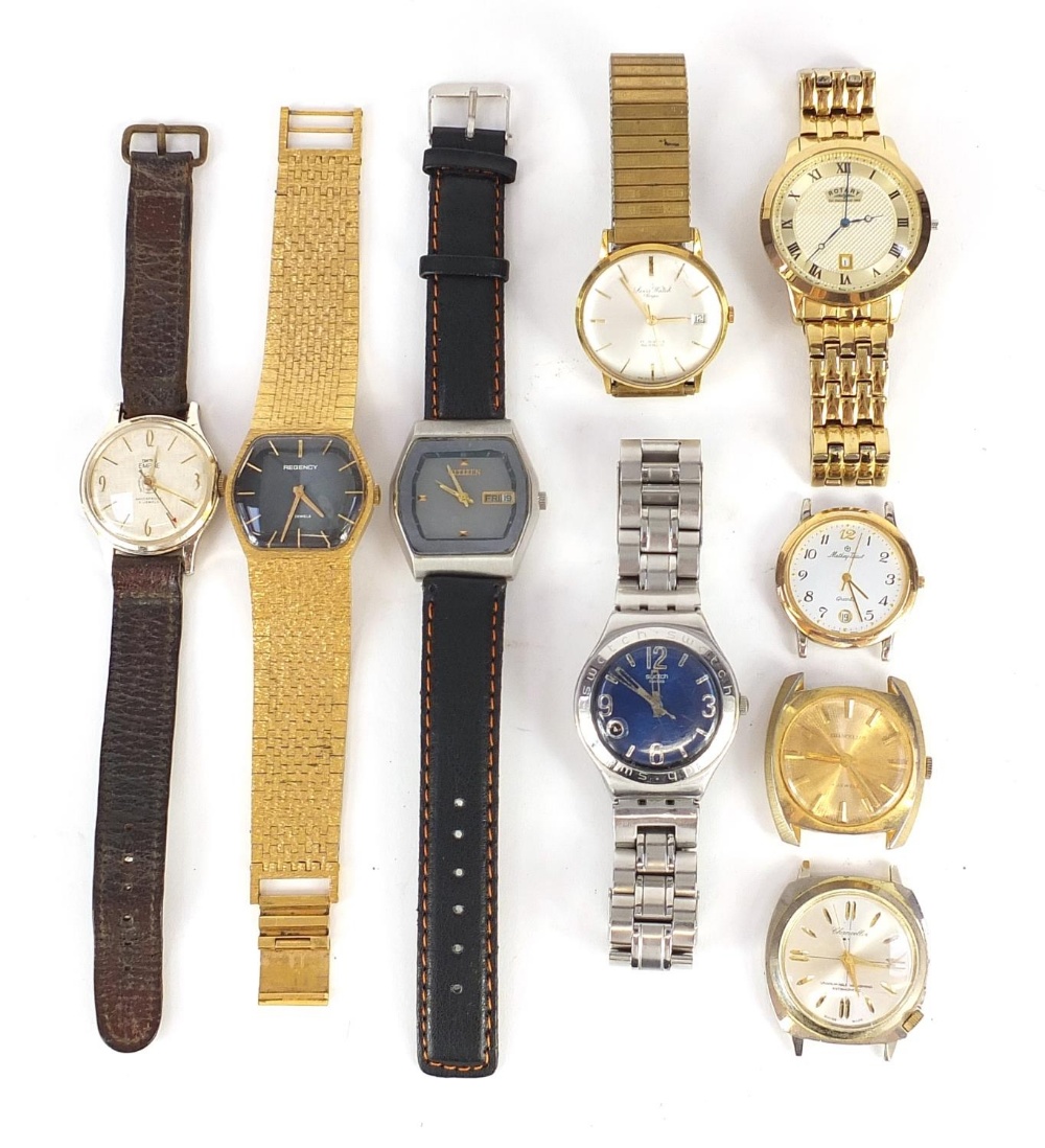 Vintage and later gentlemen's wristwatches including Swatch Irony, Smith's Empire, Citizen and