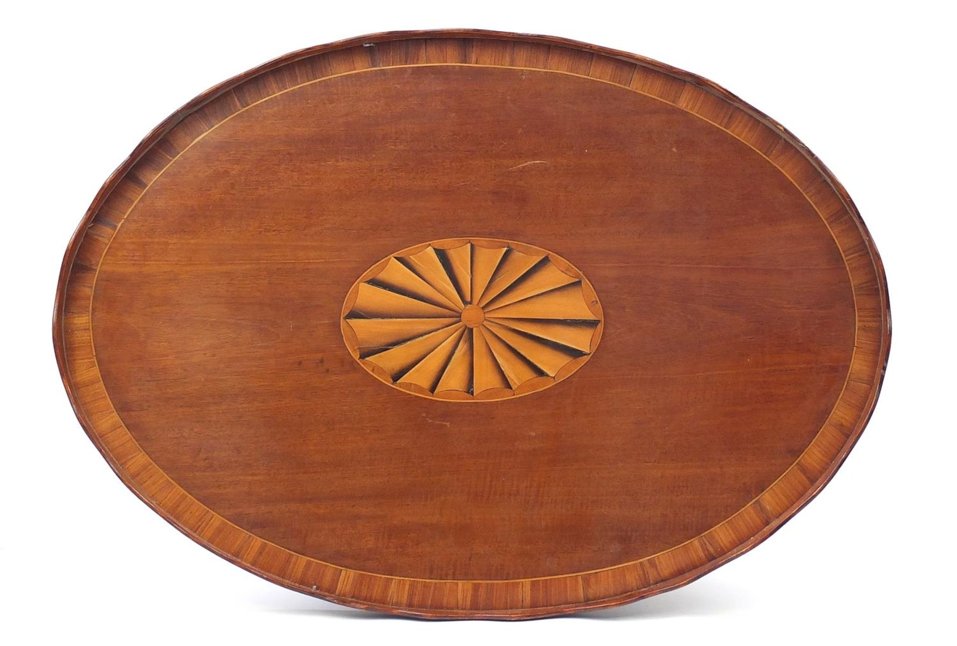 Large Edwardian oval inlaid mahogany serving tray with wavy gallery, 80.5cm x 56.5cm : For Further - Bild 2 aus 6