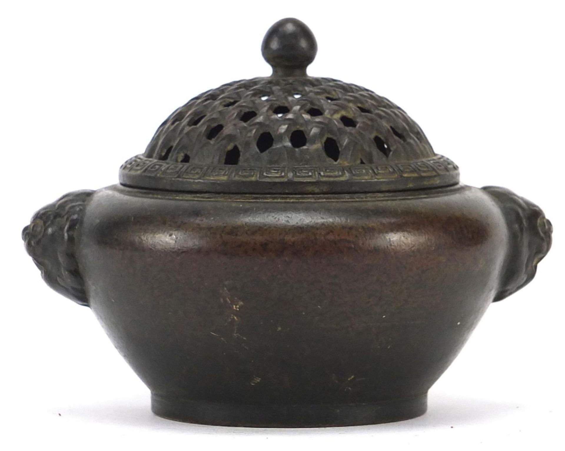Chinese patinated bronze censer with pierced lid and animalia handles, 12cm wide : For Further - Image 3 of 6