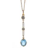 9ct gold white sapphire and blue stone pendant on a 9ct gold necklace, 4cm high and 42cm in