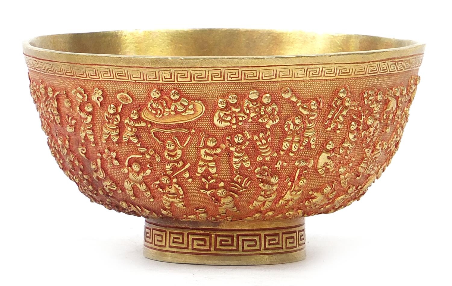 Chinese gilt bronze a thousand children bowl, six figure character marks to the base, 13.5cm in - Image 5 of 8