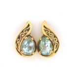 Pair of 9ct gold blue stone tear drop stud earrings, 1.4cm high, 2.0g : For Further Condition