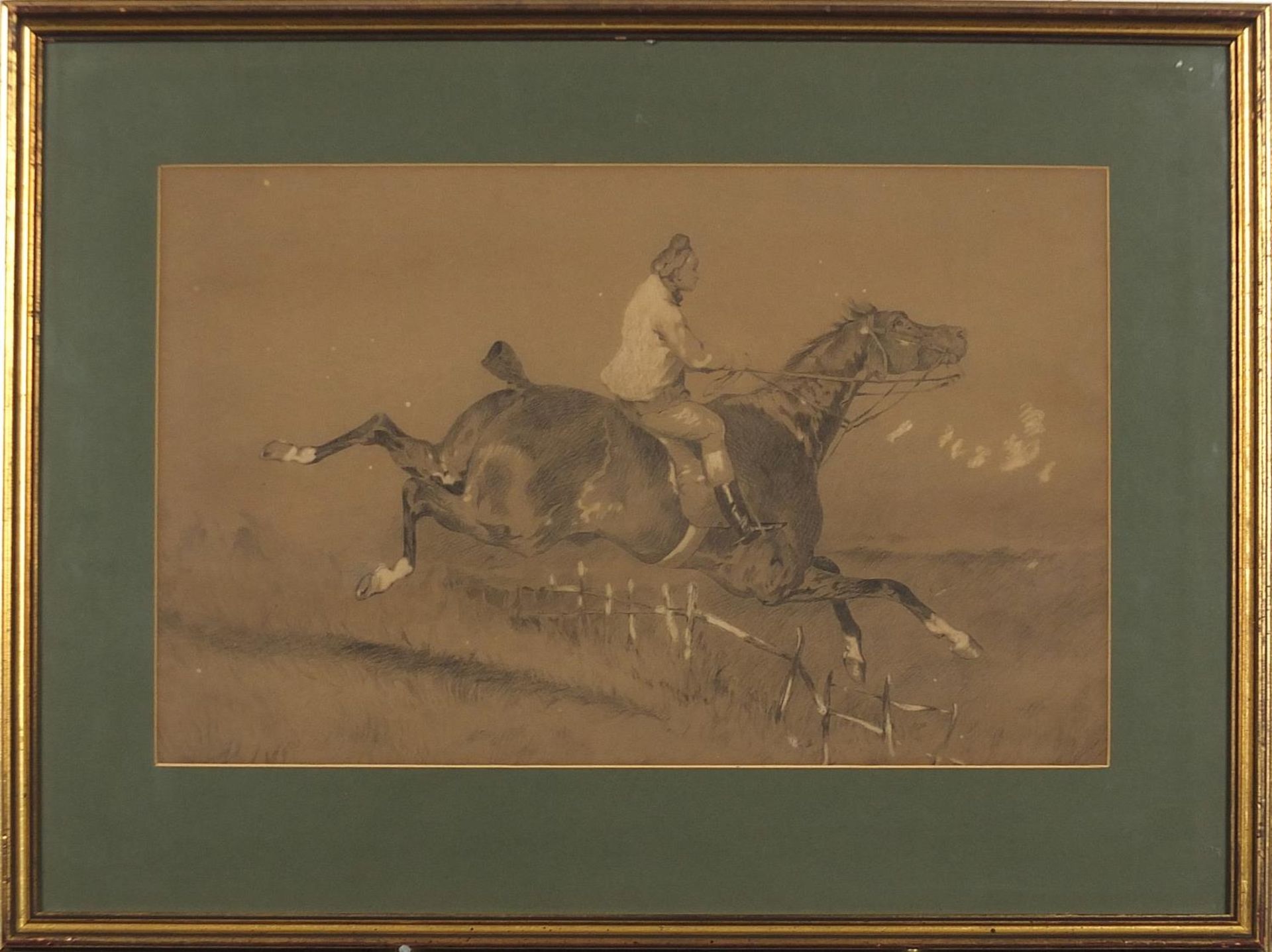 Horse and rider jumping a fence, chalk, bearing a monogram CEJ, mounted, framed and glazed, 46cm x - Image 4 of 8