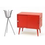1970's painted wood record cupboard with sliding doors and a metal plant stand, the largest 66cm