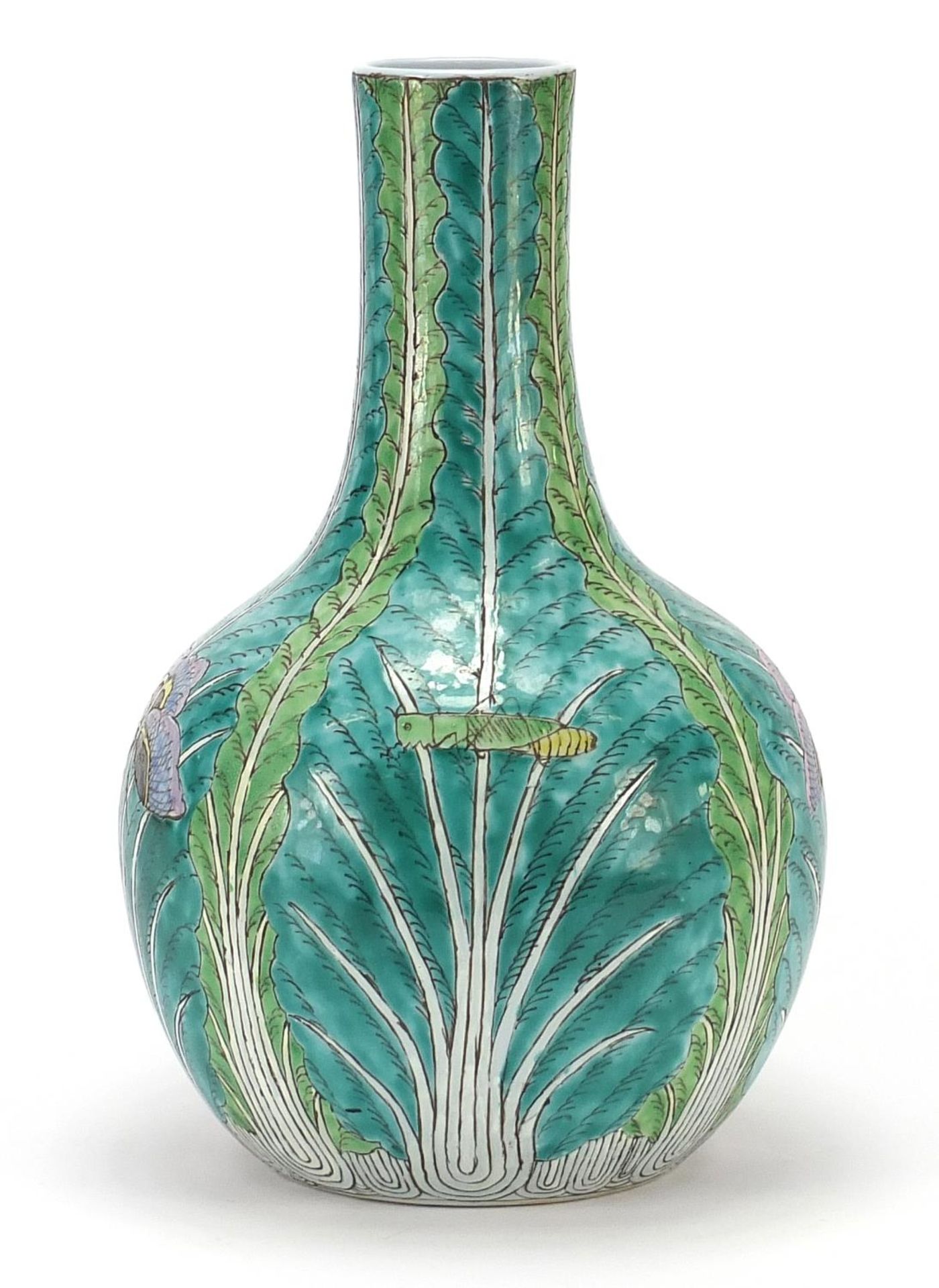 Chinese porcelain vase hand painted with butterflies and cabbage leaves, 33.5cm high : For Further - Image 2 of 8