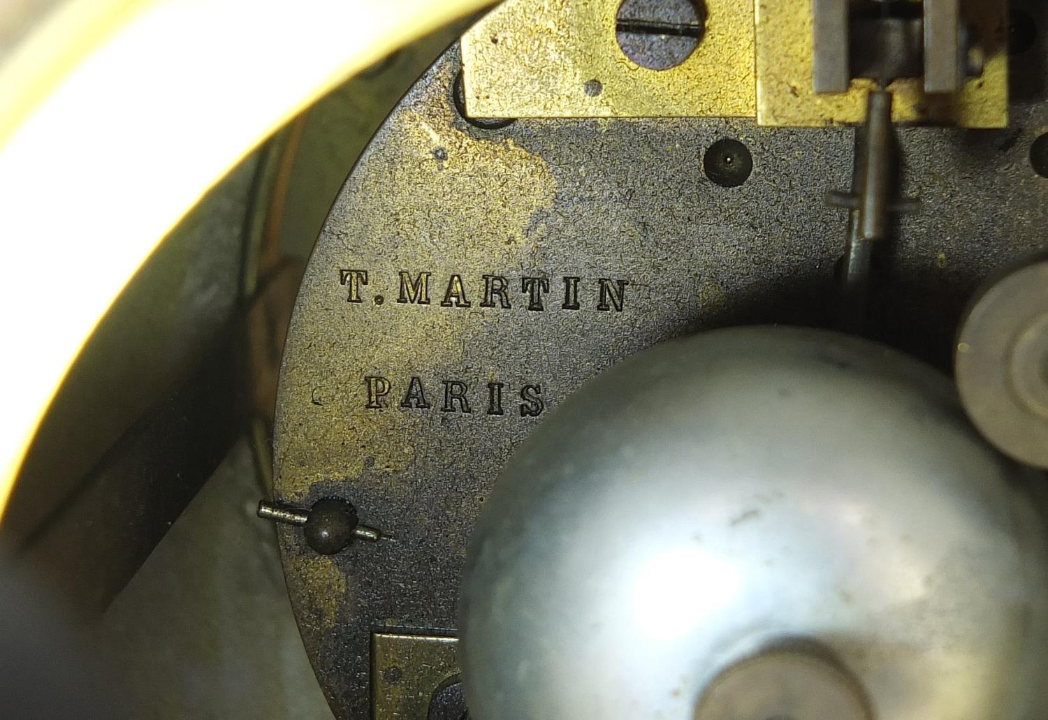 19th century French white marble mantle clock striking on a bell, surmounted with a bronzed figure - Image 14 of 16