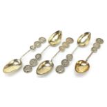 Set of five Chinese silver coloured metal teaspoons with gilt bowls, 12cm in length, 70.5g : For