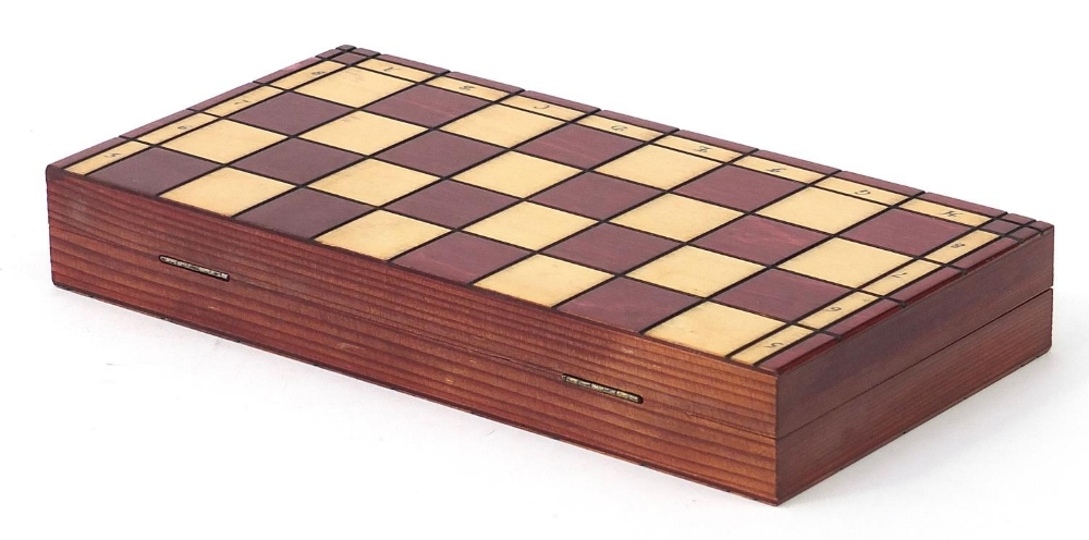 Carved wood half stained chess set with fitted folding chess board, the largest pieces each 6.5cm - Image 10 of 10