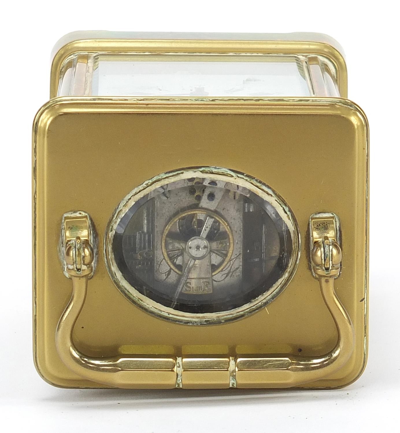 19th century brass cased carriage alarm clock with enamel dial having Roman and Arabic numerals, - Image 8 of 10