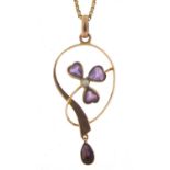 Art Nouveau 9ct gold amethyst and seed pearl pendant on a 9ct gold necklace, 4cm high and 60cm in