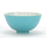 Chinese porcelain bowl having a monochrome turquoise glaze, six figure character marks to the