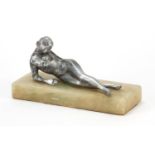 Art Deco design onyx desk weight surmounted with a silvered reclining nude female, 20.5cm wide : For
