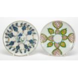 Two Turkish Kutahya pottery plates hand painted with flowers, each 14.5cm in diameter : For