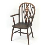 Oak wheel back carver chair, 102cm high : For Further Condition Reports Please Visit Our Website -