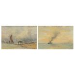 Boats on water and beach scene, pair of maritime oil on boards, each bearing an indistinct