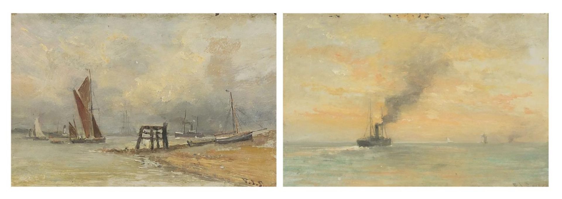 Boats on water and beach scene, pair of maritime oil on boards, each bearing an indistinct